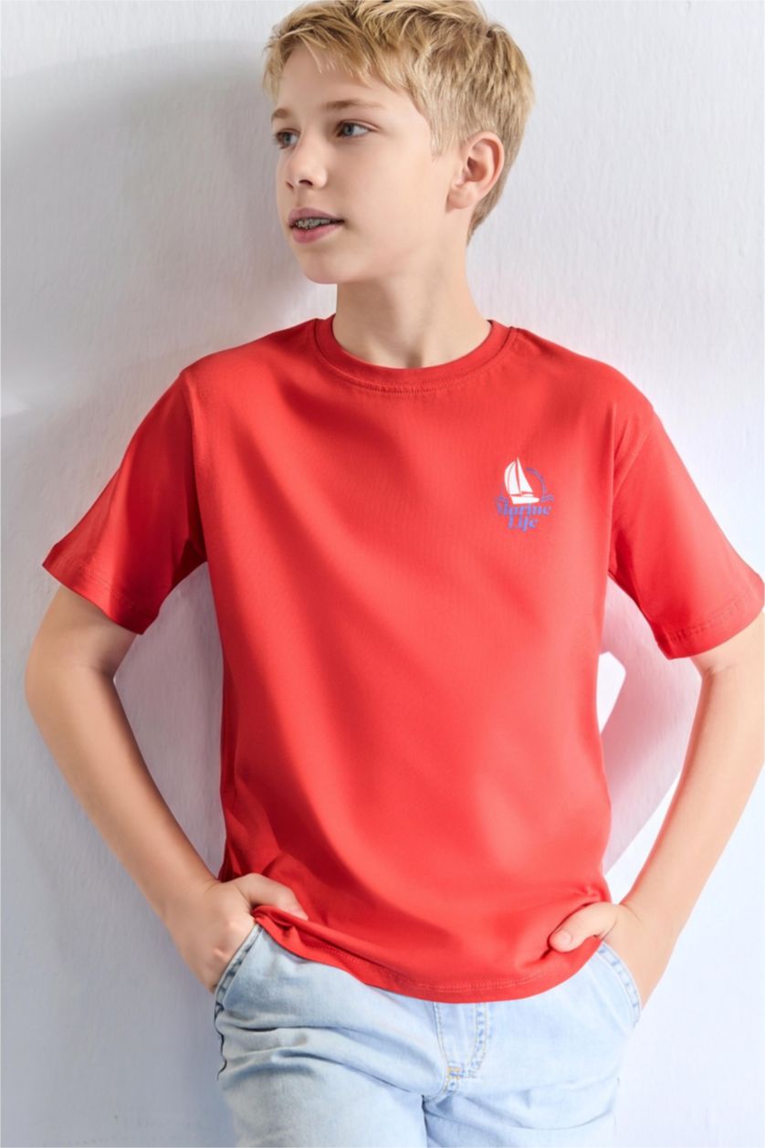Young Boys - Teen Boys Red New Regular Fit Printed Short Sleeve T-Shirt