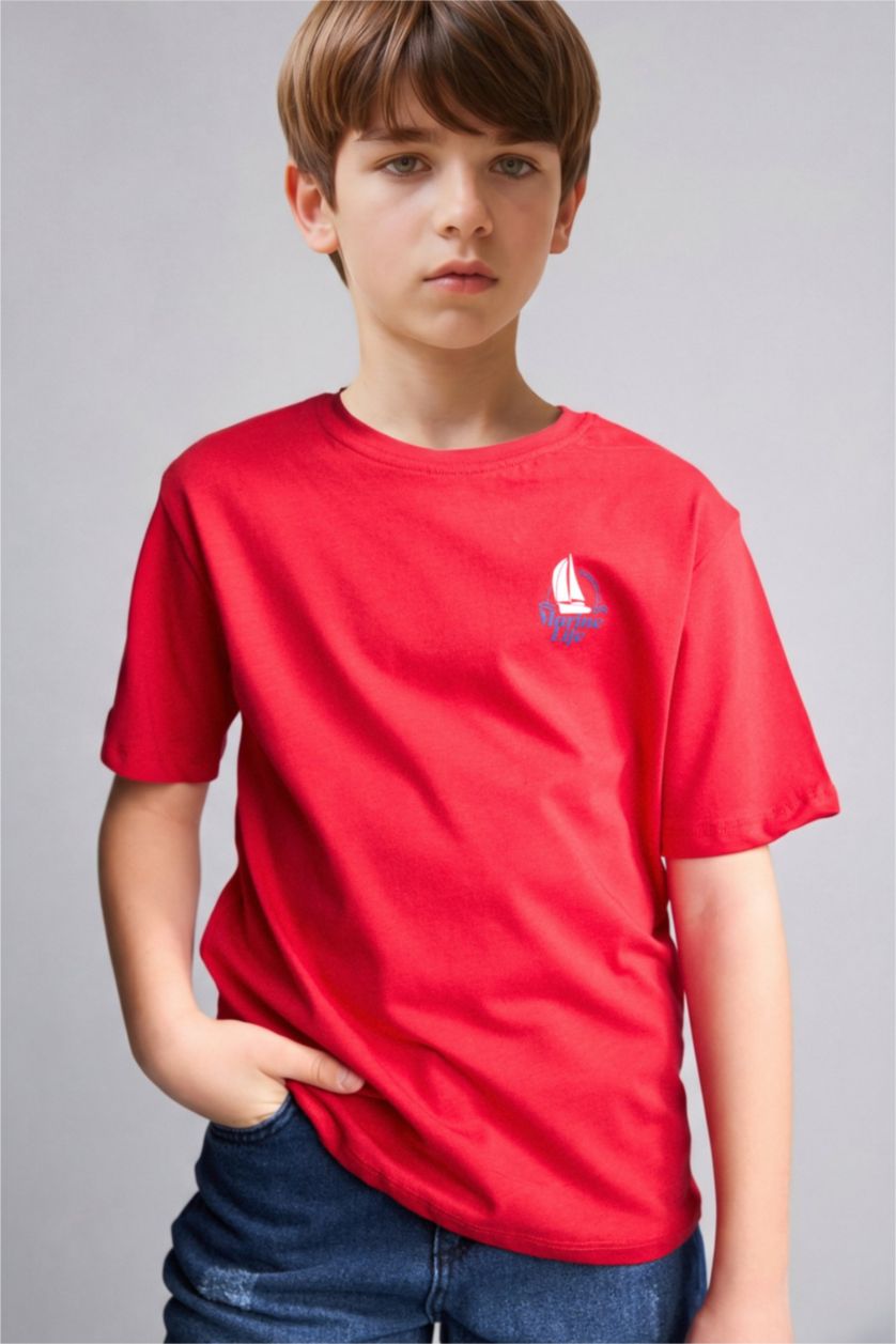 Boys & Teens Red تيشيرت ولادي نص ردن مطبوع قصة عادية