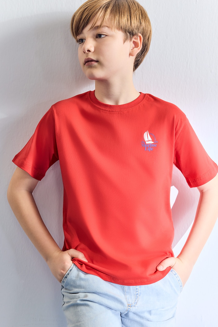 Young Boys - Teen Boys Red New Regular Fit Printed Short Sleeve T-Shirt