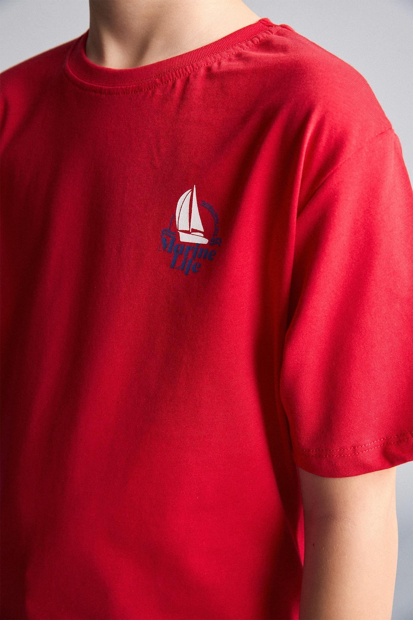 Young Boys - Teen Boys Red New Regular Fit Printed Short Sleeve T-Shirt