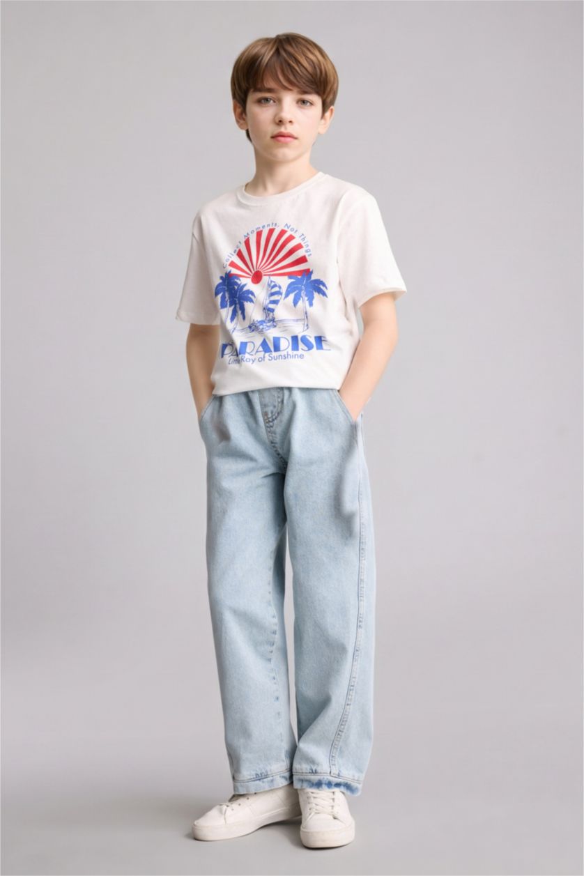 Boys & Teens Ecru تيشيرت ولادي نص ردن مطبوع قصة عادية