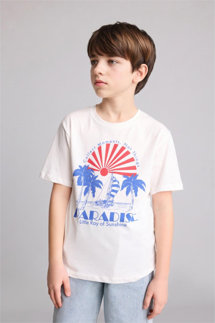 BOYS & TEENS Ecru New Regular Fit Printed Short Sleeve T-Shirt