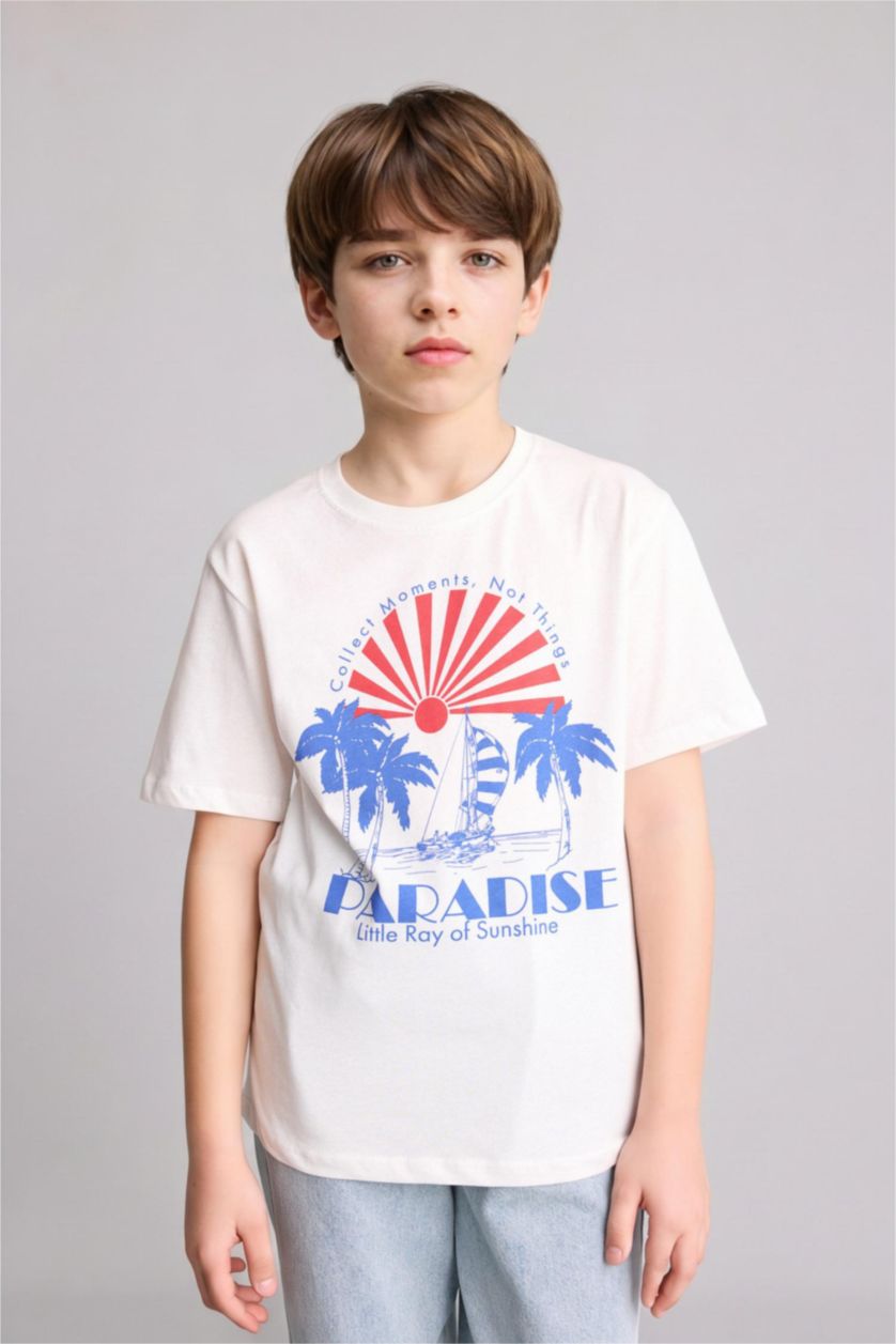 Young Boys - Teen Boys Ecru New Regular Fit Printed Short Sleeve T-Shirt