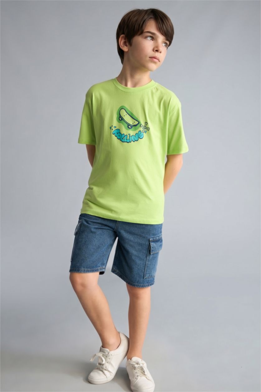 Мальчики и подростки Зеленый Футболка New Regular Fit для мальчиков с круглым вырезом принтом и коротким рукавом