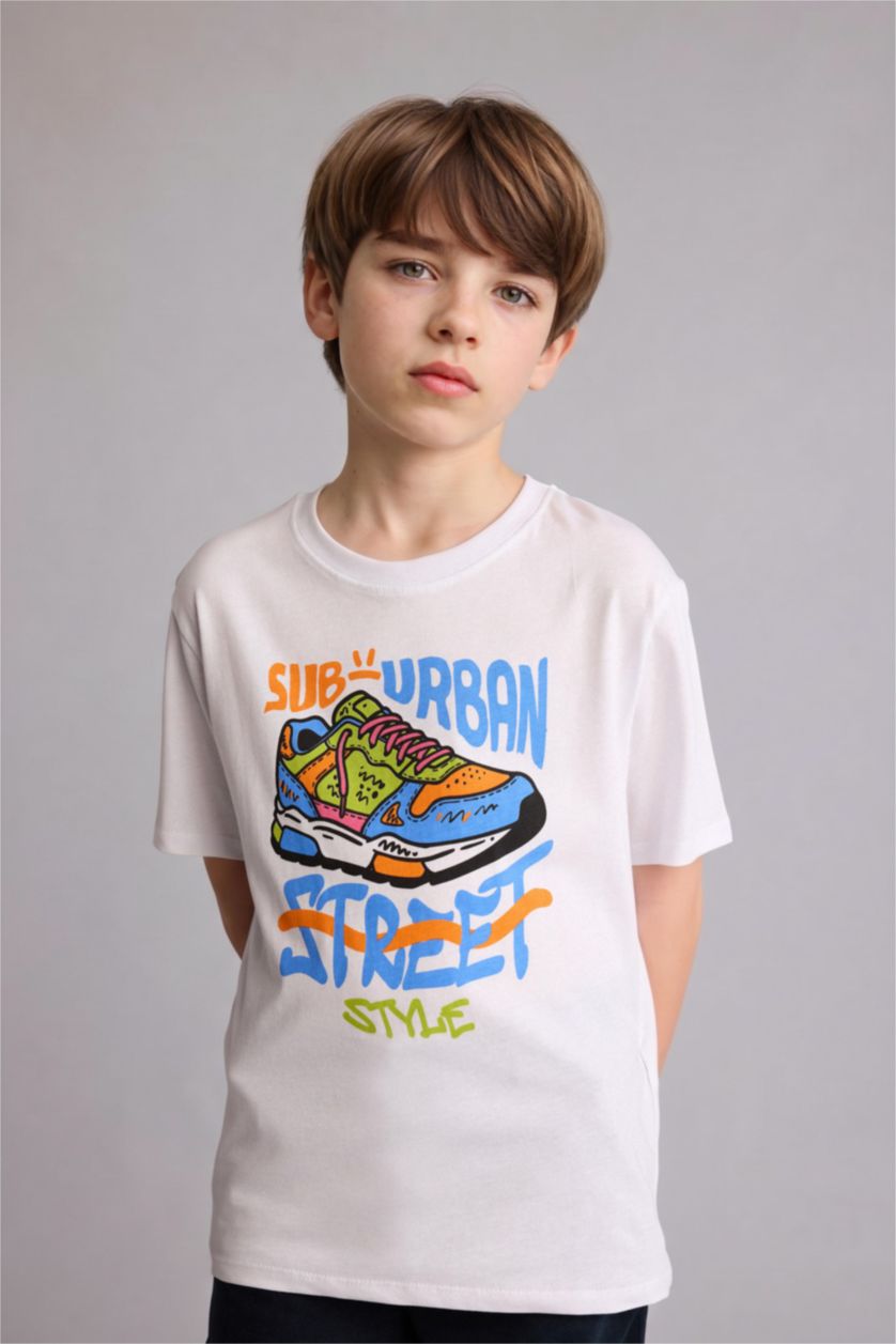 Erkek Çocuk - Genç Erkek Beyaz Regular Fit Kısa kollu Baskılı Tişört Erkek Çocuk