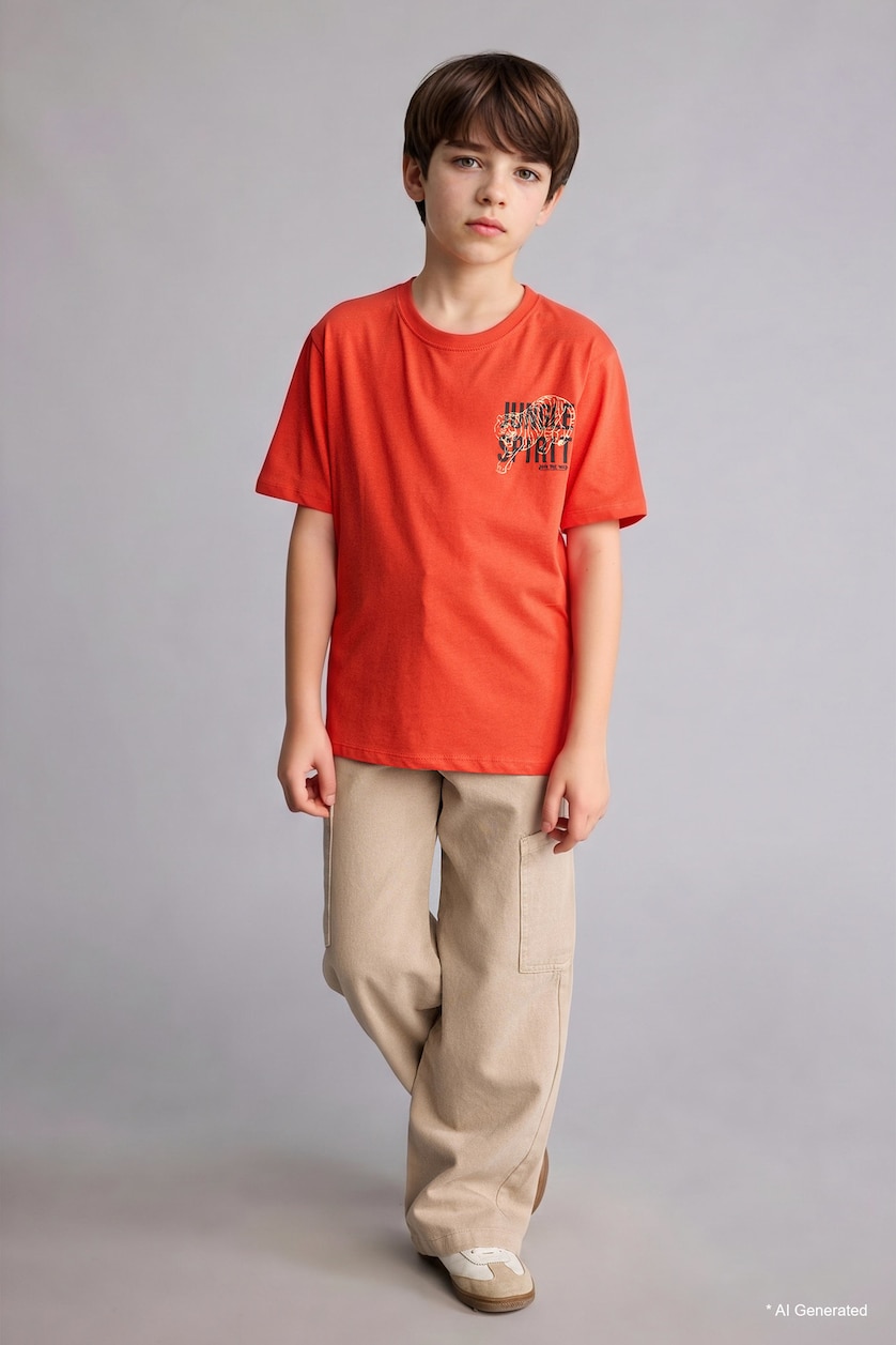 Young Boys - Teen Boys Orange Boy New Regular Fit Printed Short Sleeve T-Shirt