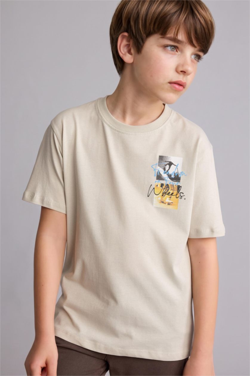 Erkek Çocuk - Genç Erkek Açık Gri Regular Fit Kısa kollu Baskılı Tişört Erkek Çocuk