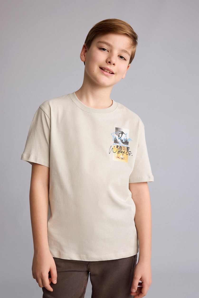 Young Boys - Teen Boys Light Grey Boy New Regular Fit Printed Short Sleeve T-Shirt