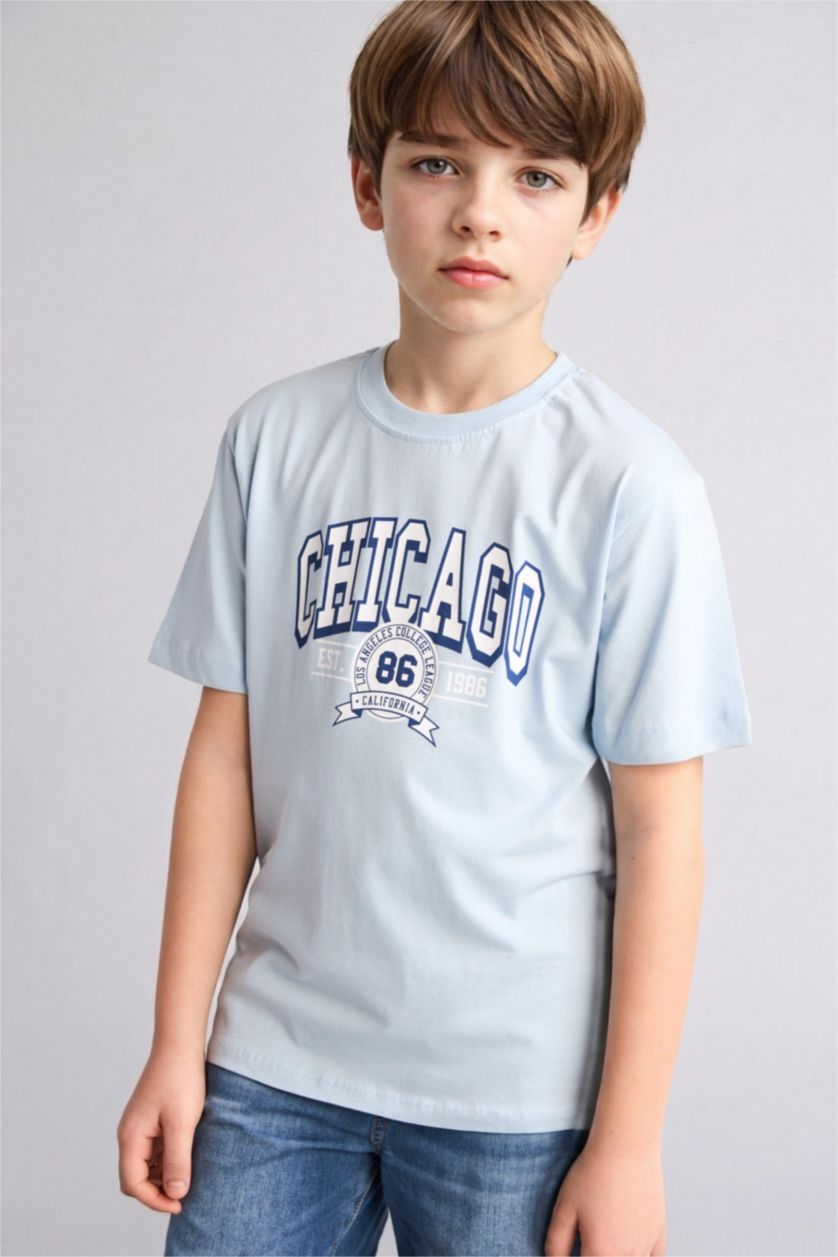 Boys & Teens Light Blue New Regular Fit Printed Short Sleeve T-Shirt