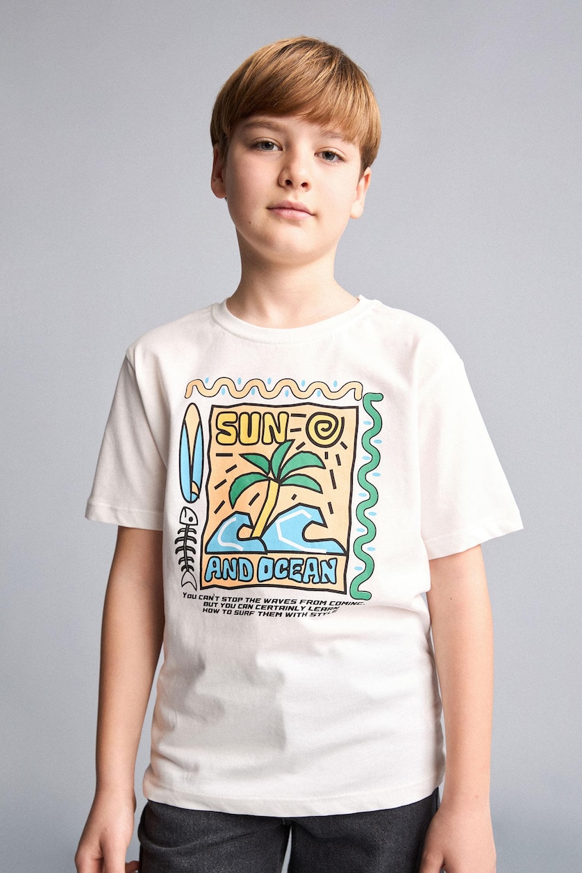 Young Boys - Teen Boys Ecru Boy Regular Fit Printed Short Sleeve T-Shirt