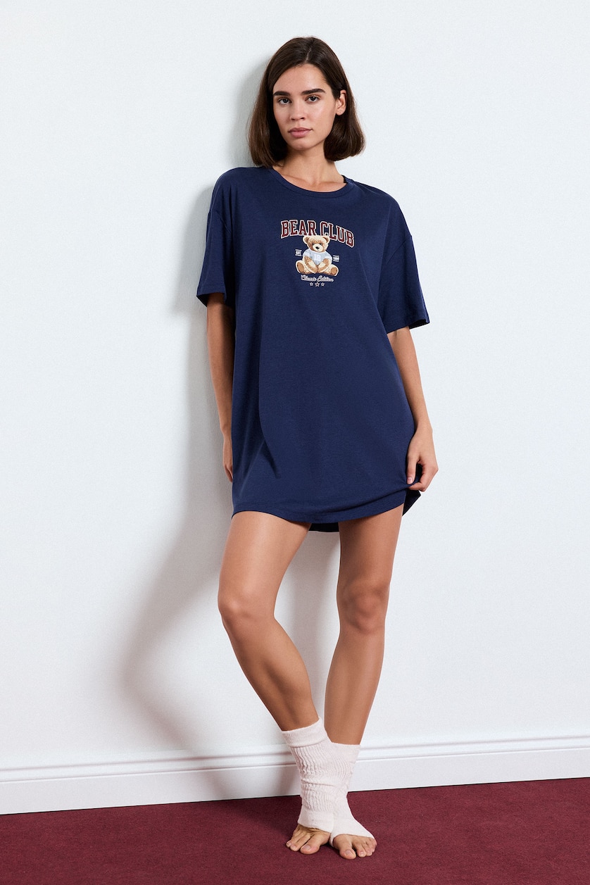 WOMAN NAVY 100% Cotton Regular Fit Teddy Bear Print Nightgown