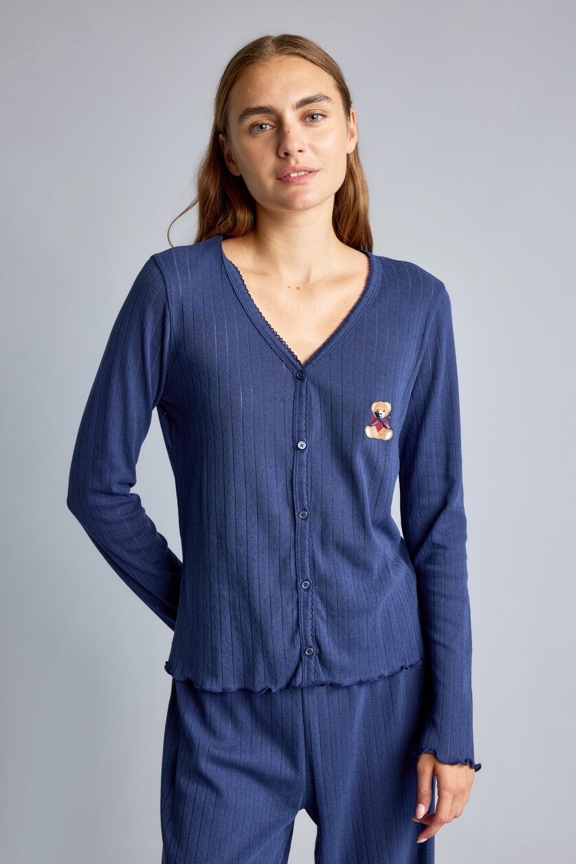 Kadın Lacivert Regular Fit Uzun Kollu Geniş Paça Pijama Takımı