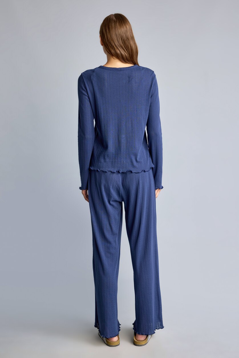 Kadın Lacivert Regular Fit Uzun Kollu Geniş Paça Pijama Takımı