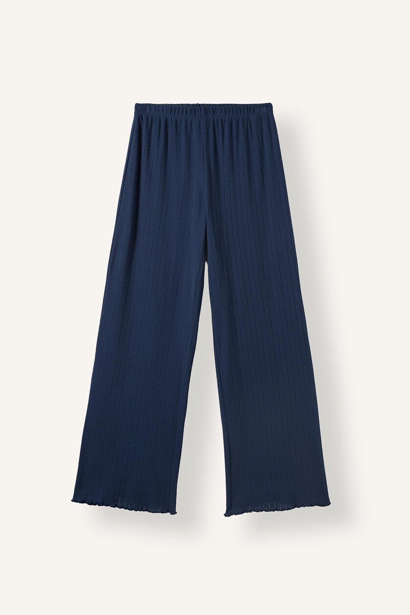Kadın Lacivert Regular Fit Uzun Kollu Geniş Paça Pijama Takımı