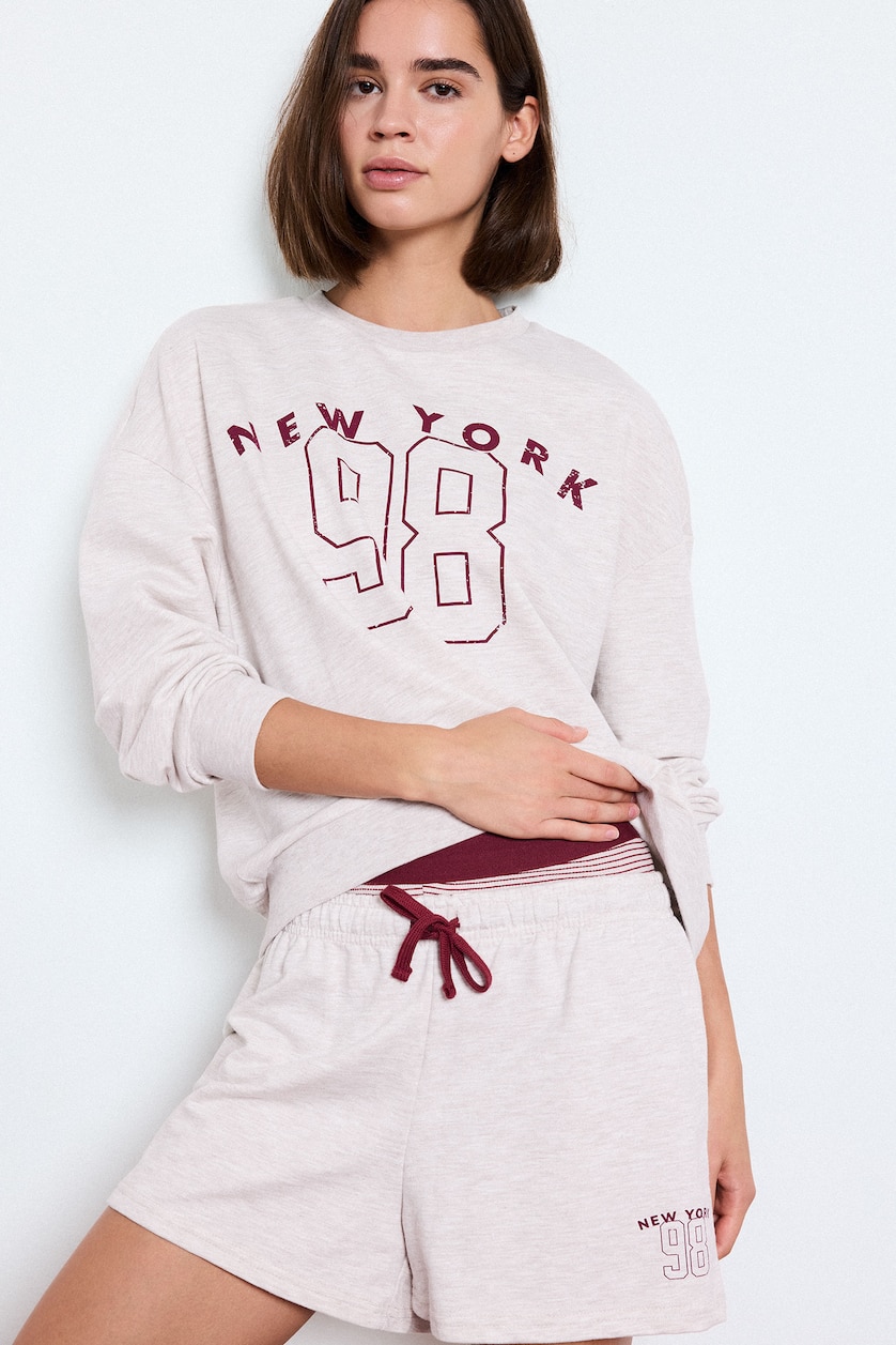 WOMAN Beige Melange Regular Fit Crew Neck Thin Sweatshirt Fabric Knitted Tops