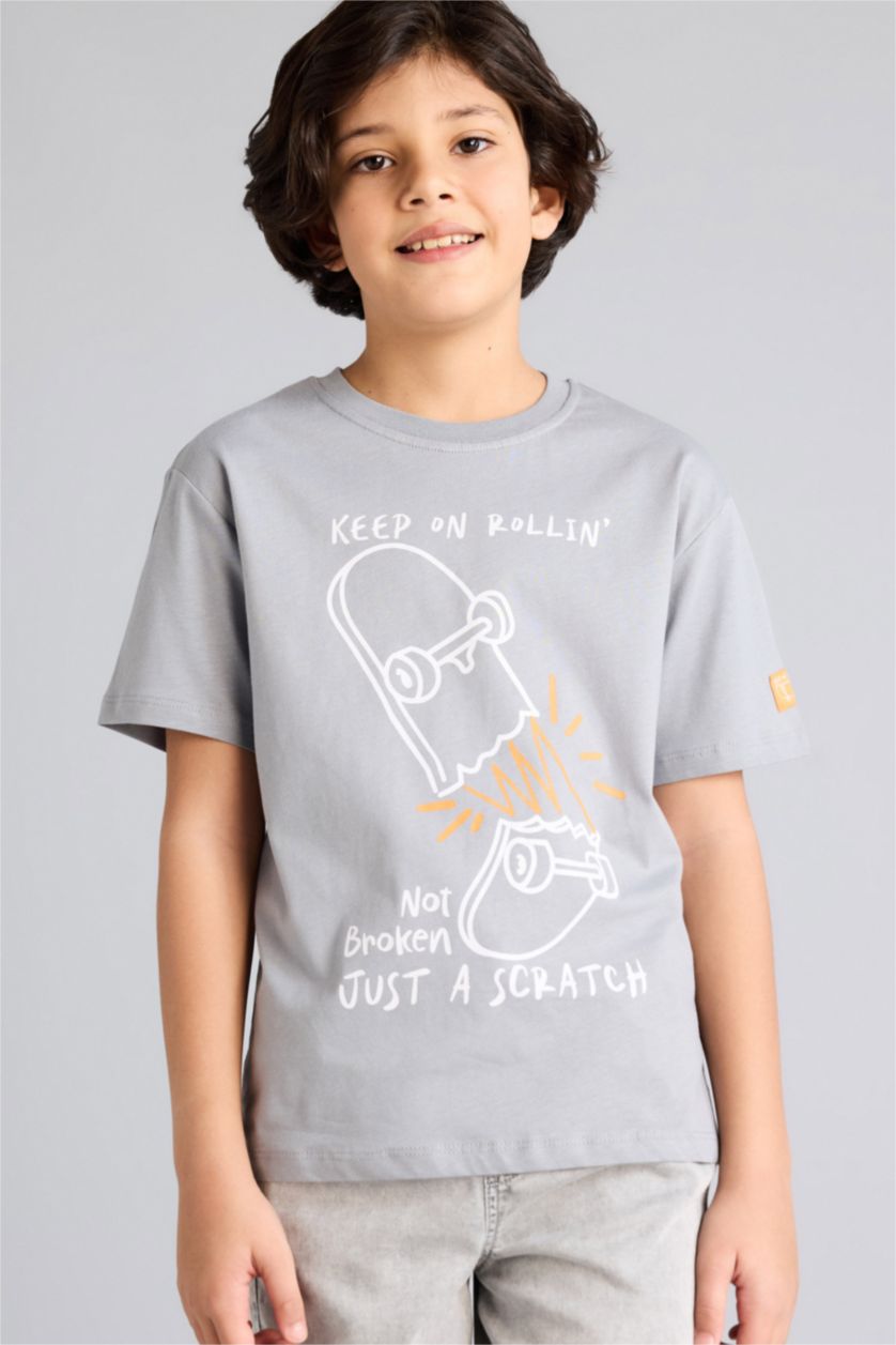 Boys & Teens Grey Regular Fit Printed Short Sleeve T-Shirt
