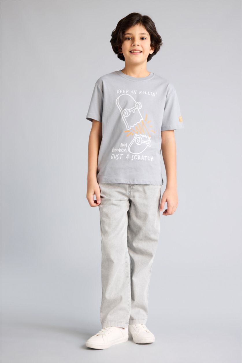 Boys & Teens Grey Regular Fit Printed Short Sleeve T-Shirt