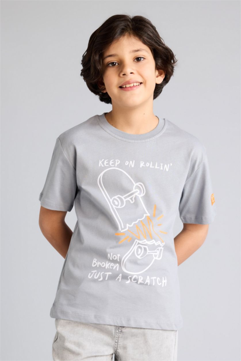 Boys & Teens Grey Regular Fit Printed Short Sleeve T-Shirt