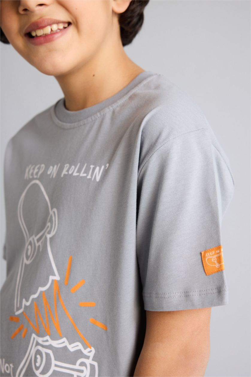 Boys & Teens Grey Regular Fit Printed Short Sleeve T-Shirt