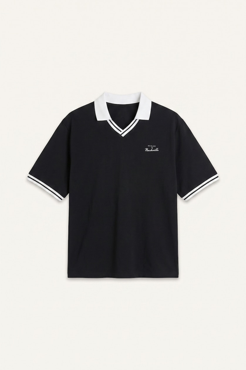 Erkek Siyah Boxy Fit Nakışlı Polo Yaka Tişört