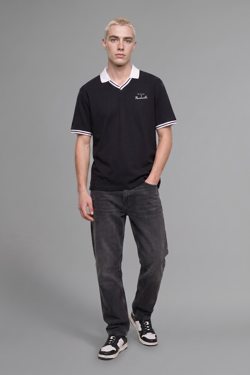 رجالي أسود 100% Cotton Boxy Fit Embroidered Polo T-Shirt