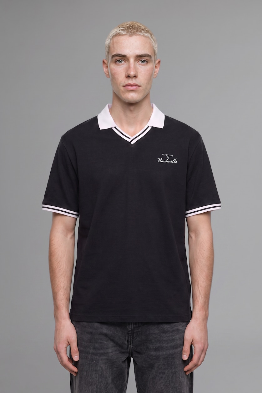 رجالي أسود 100% Cotton Boxy Fit Embroidered Polo T-Shirt