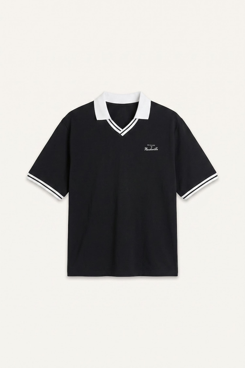 رجالي أسود 100% Cotton Boxy Fit Embroidered Polo T-Shirt