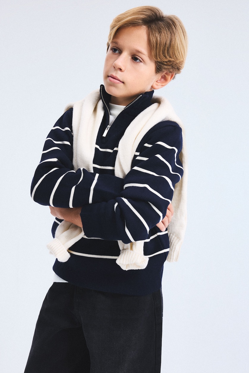 GARÇONS Marin Pull en tricot rayé à demi-fermeture éclair pour garçon