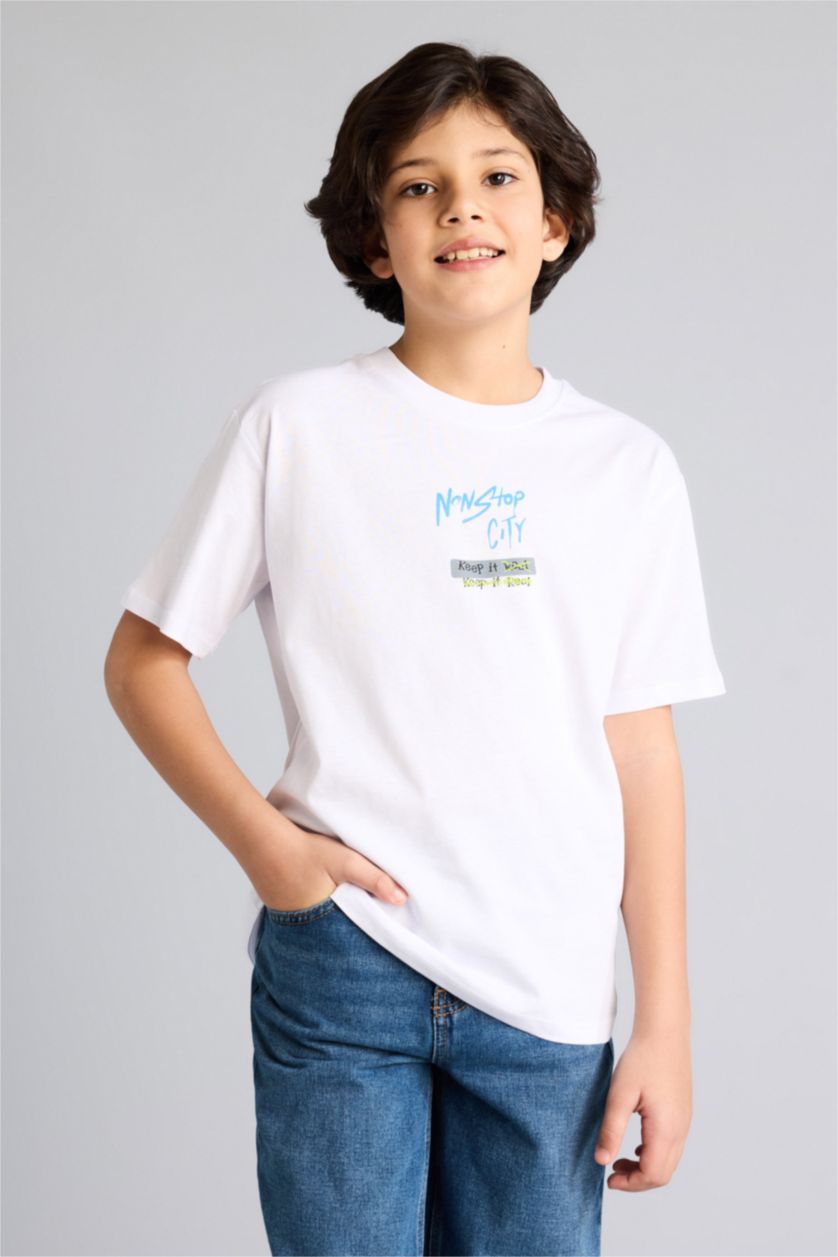 Boys & Teens White Regular Fit Printed Short Sleeve T-Shirt