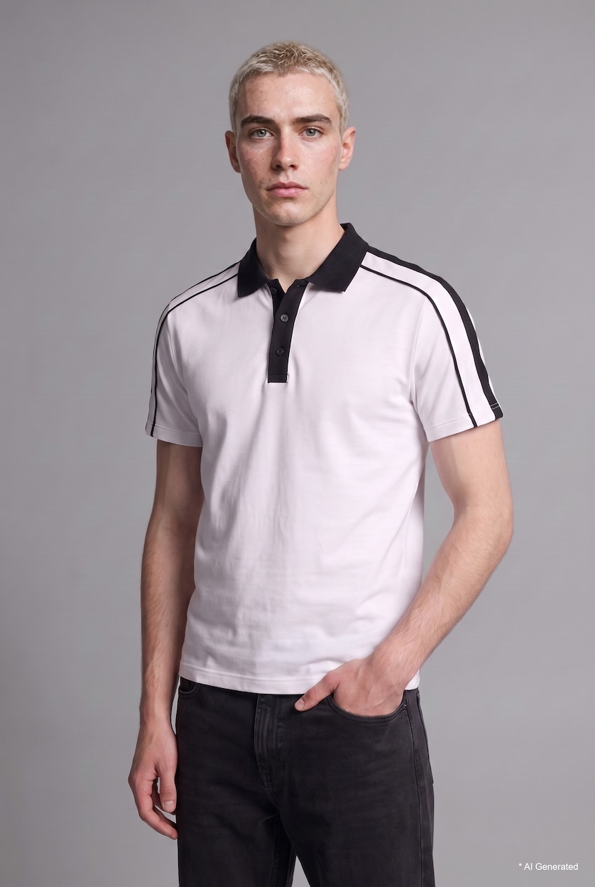 MAN White Relaxed Fit Striped Polo Collar Short Sleeve T-Shirt