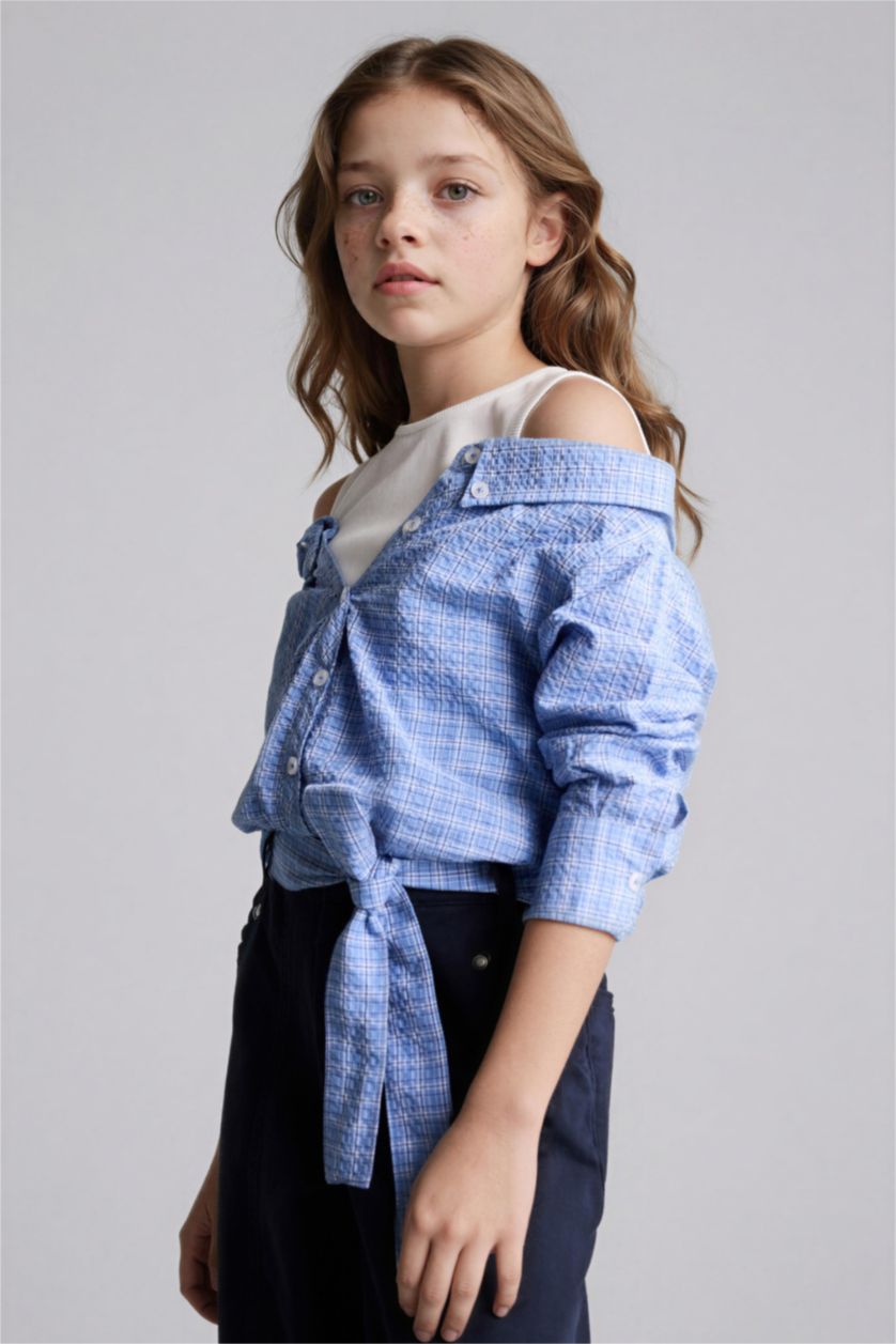 Kız Çocuk - Genç Kız Açık Mavi Çift Katmanlı Gofre Dokulu Gömlek Kız Çocuk