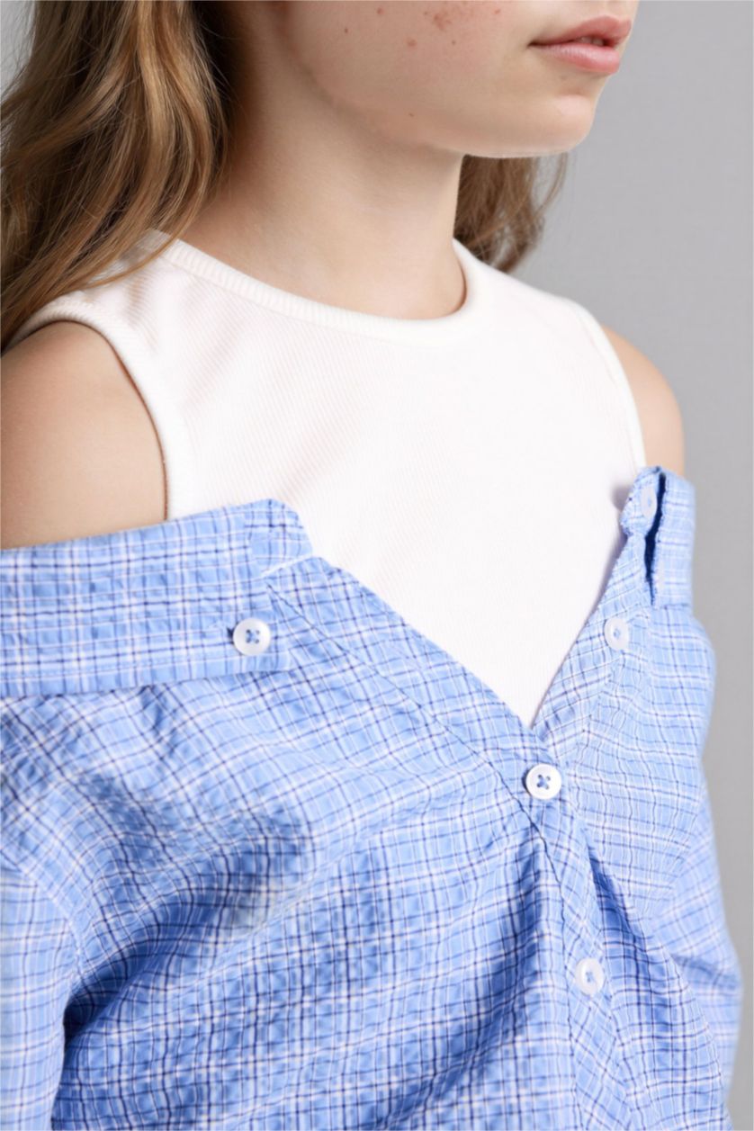 Kız Çocuk - Genç Kız Açık Mavi Çift Katmanlı Gofre Dokulu Gömlek Kız Çocuk