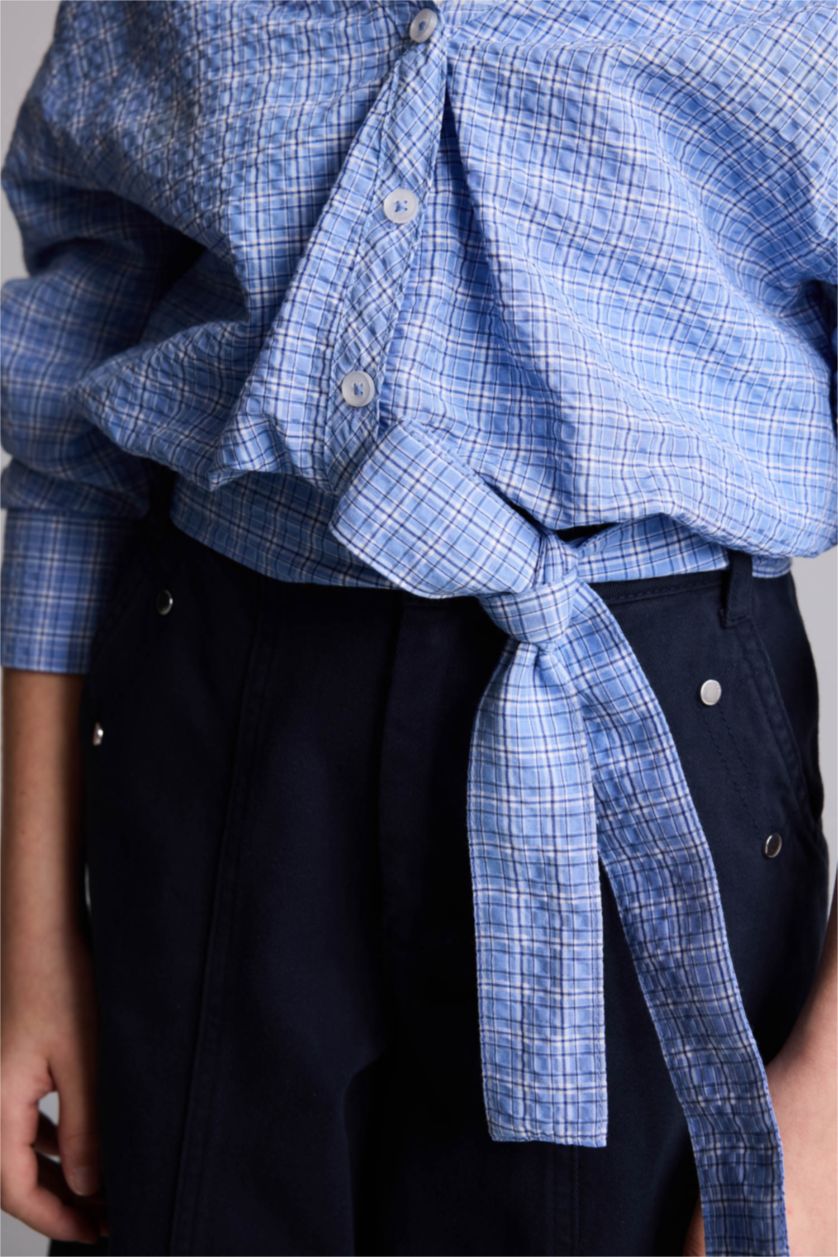 Kız Çocuk - Genç Kız Açık Mavi Çift Katmanlı Gofre Dokulu Gömlek Kız Çocuk