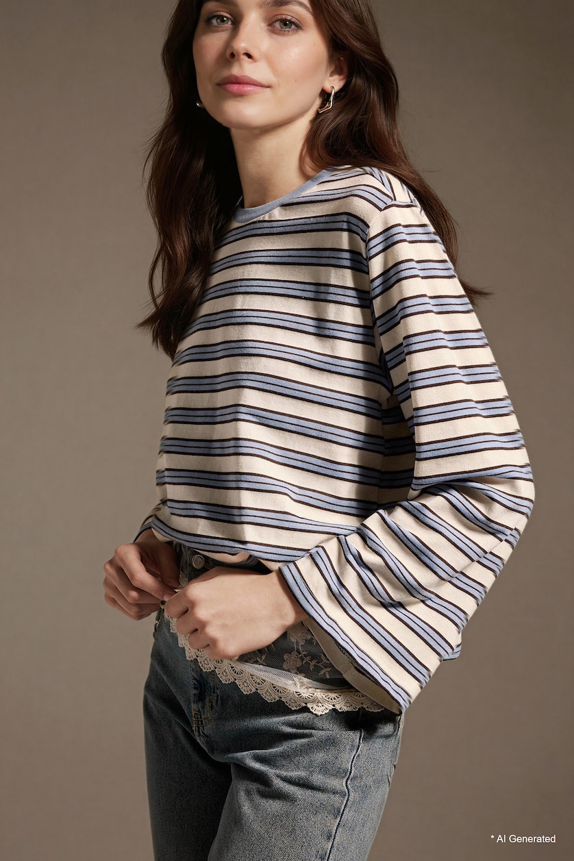Women Light Blue Loose Fit Long Sleeve Striped Blouse