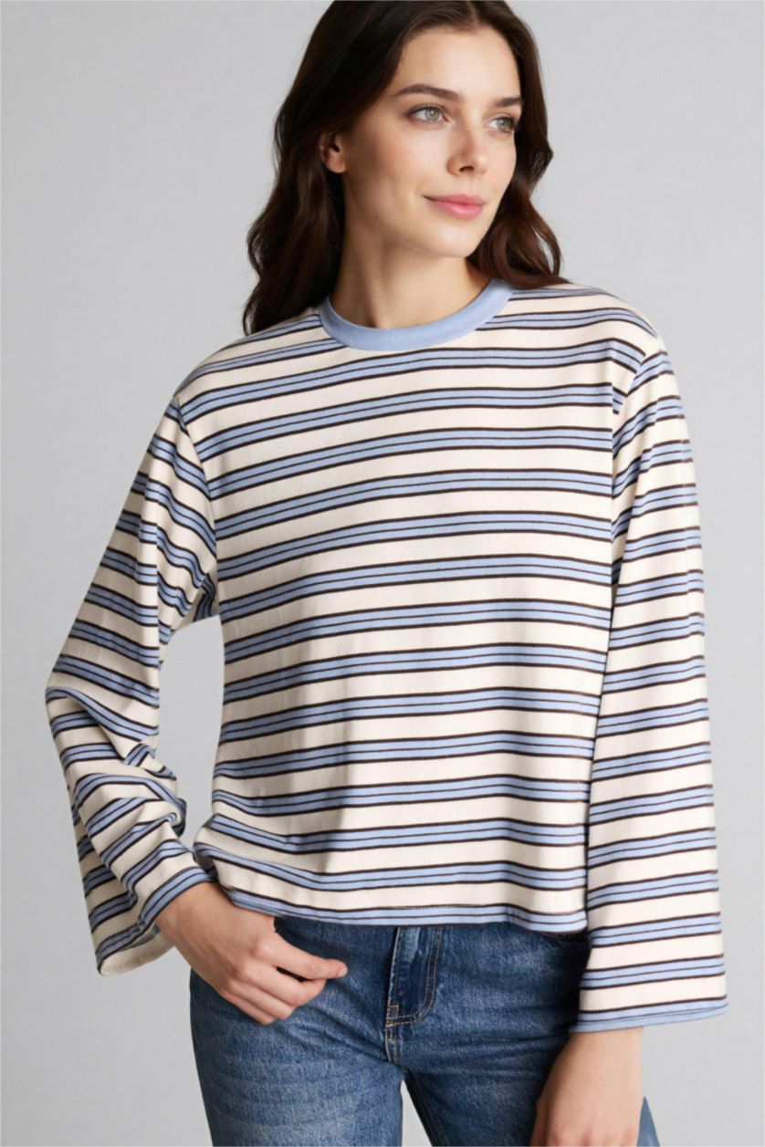 WOMAN Light Blue Loose Fit Long Sleeve Striped Blouse