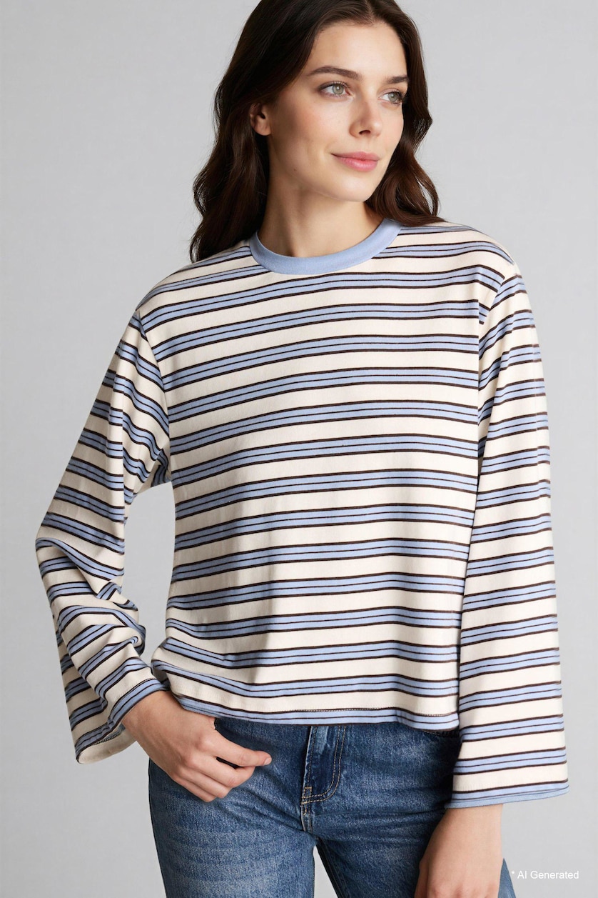Women Light Blue Loose Fit Long Sleeve Striped Blouse