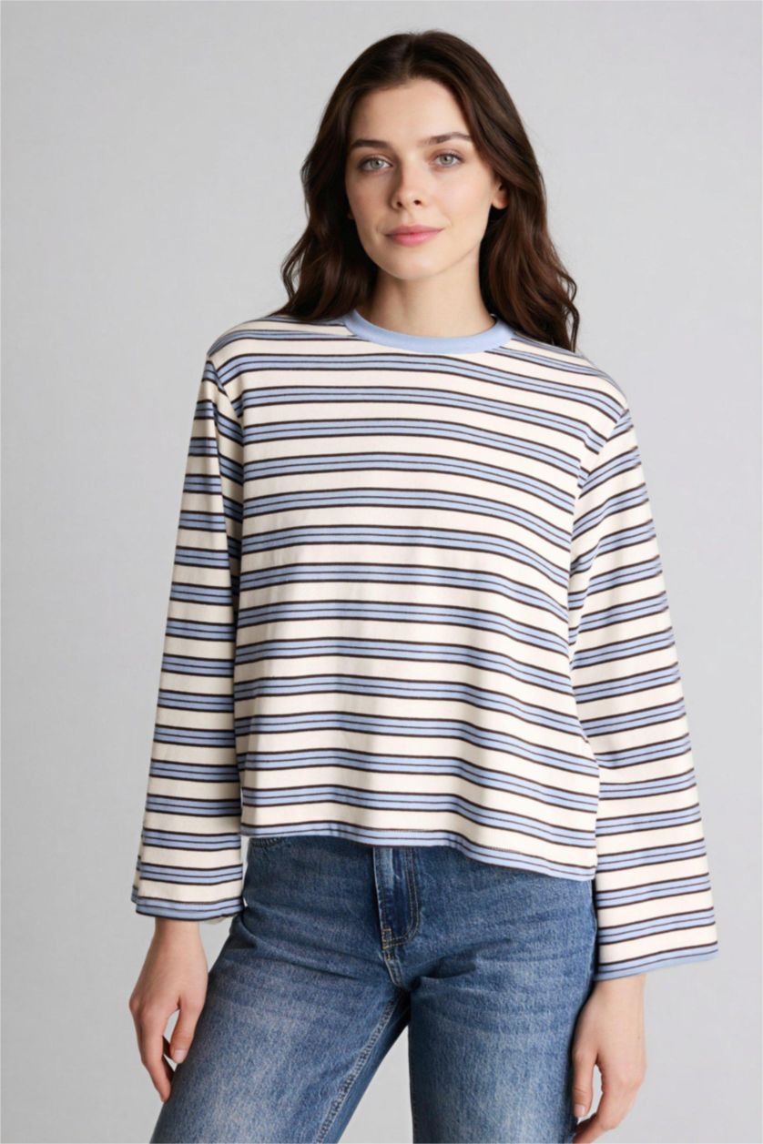 WOMAN Light Blue Loose Fit Long Sleeve Striped Blouse