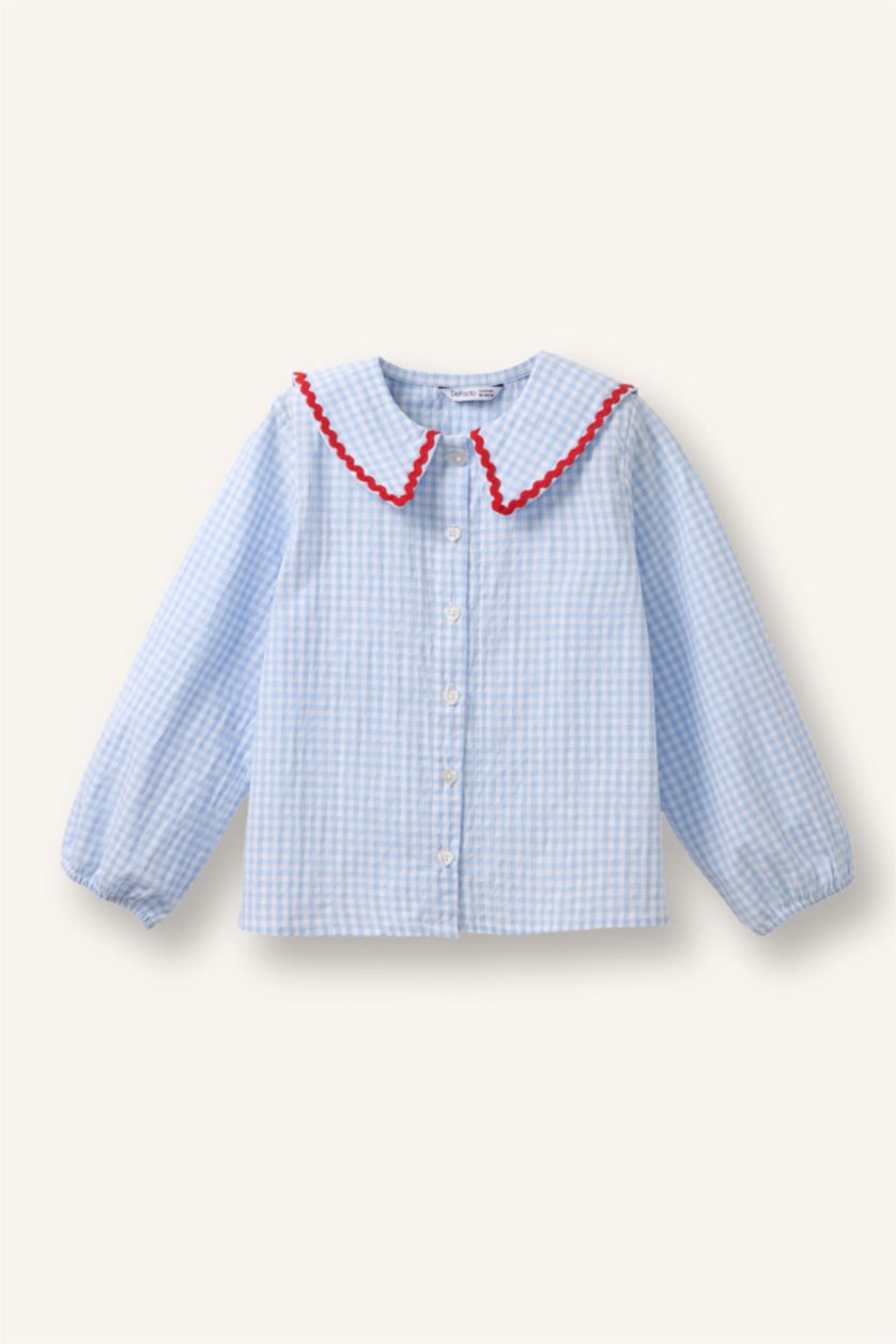 Kız Bebek Açık Mavi Büyük Yaka Nakışlı Gofre Dokulu Uzun Kollu Gömlek Kız Bebek