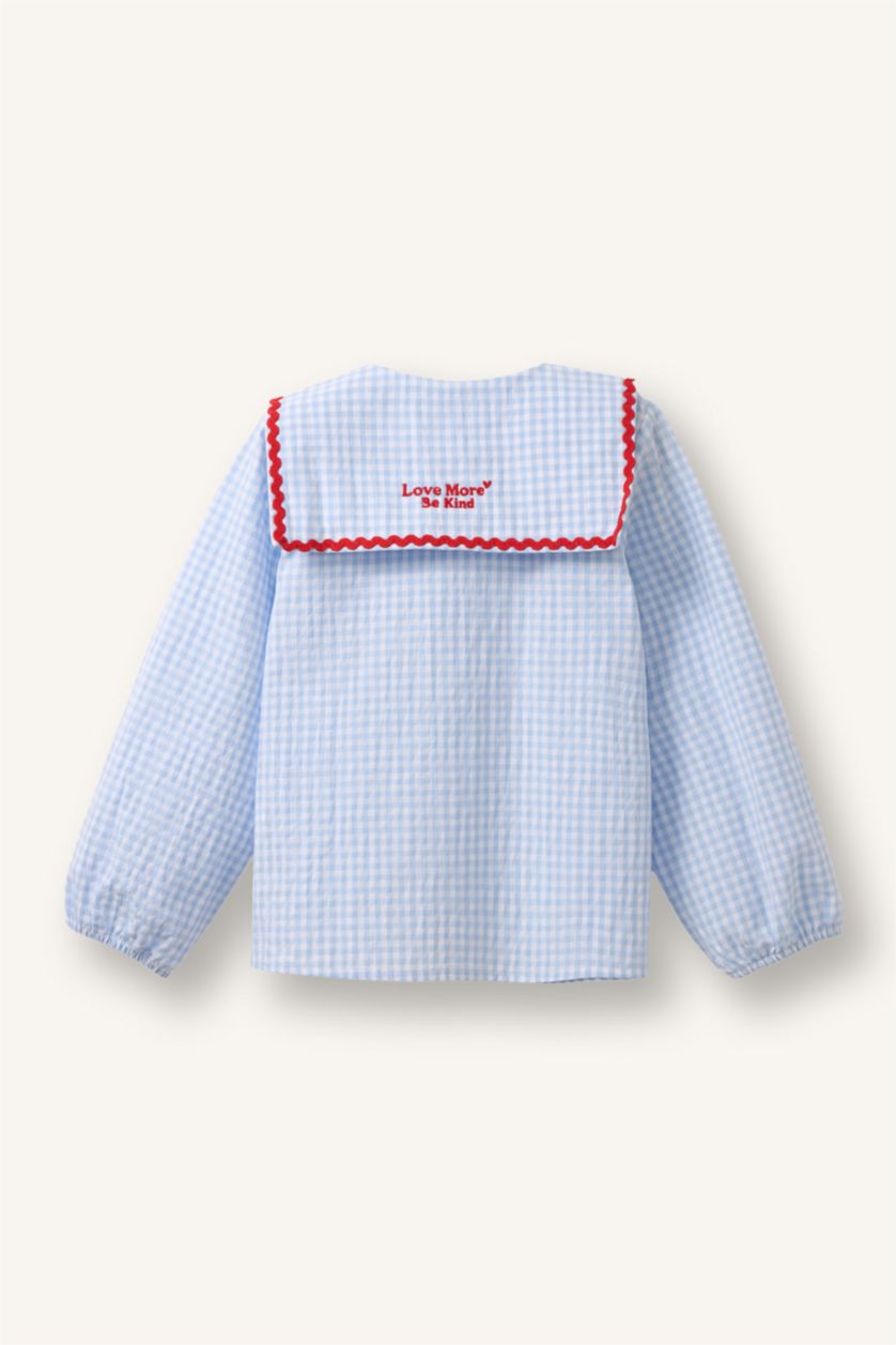 Kız Bebek Açık Mavi Büyük Yaka Nakışlı Gofre Dokulu Uzun Kollu Gömlek Kız Bebek