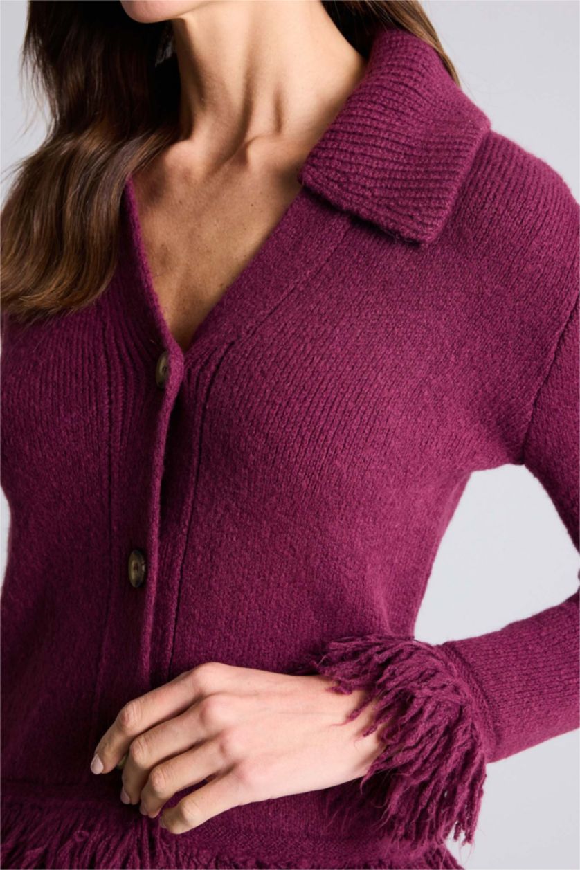 Kadın Mor Püsküllü Triko Hırka