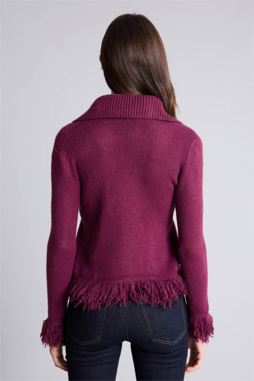 Kadın Mor Püsküllü Triko Hırka