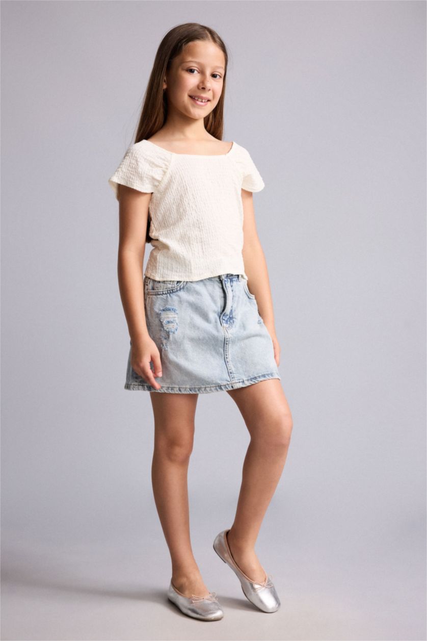 Young Girls - Teen Girls Ecru Girl Regular Fit Square Neck Crinkle Fabric Blouse