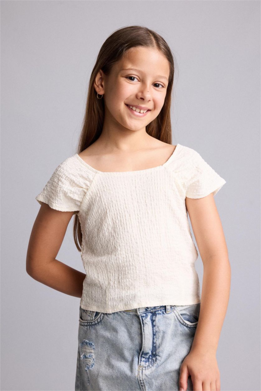 Young Girls - Teen Girls Ecru Girl Regular Fit Square Neck Crinkle Fabric Blouse