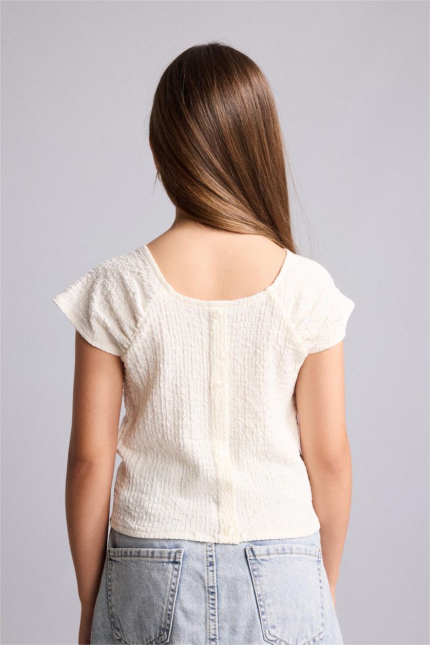 Young Girls - Teen Girls Ecru Girl Regular Fit Square Neck Crinkle Fabric Blouse