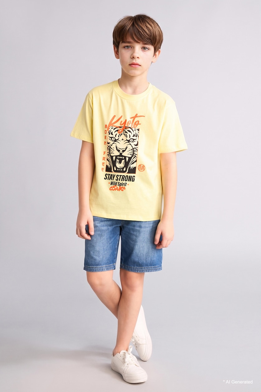 Young Boys - Teen Boys Yellow Boy New Regular Fit Printed Short Sleeve T-Shirt
