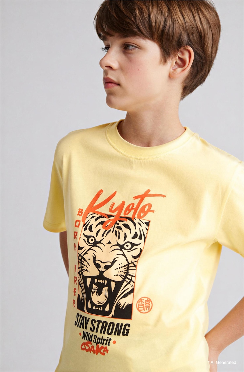 Young Boys - Teen Boys Yellow Boy New Regular Fit Printed Short Sleeve T-Shirt