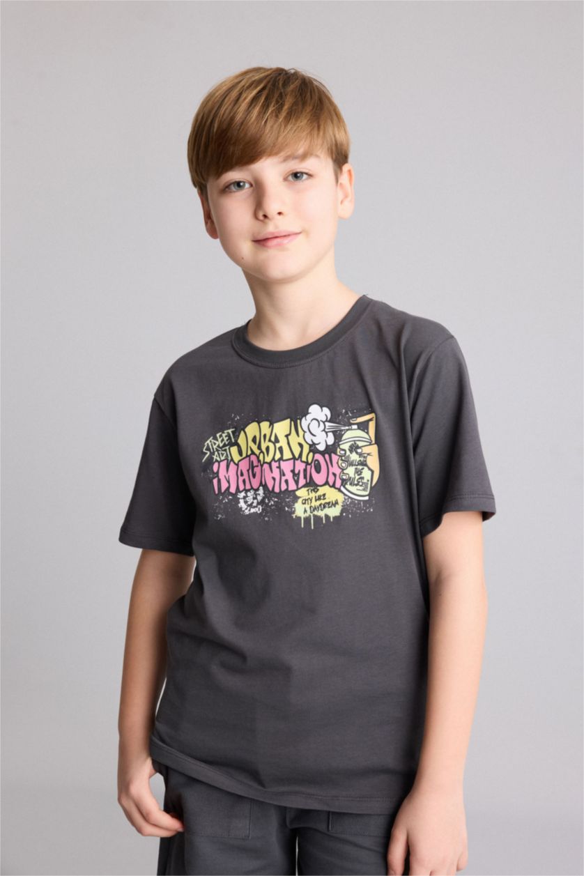 Young Boys - Teen Boys Anthracite New Regular Fit Printed Short Sleeve T-Shirt