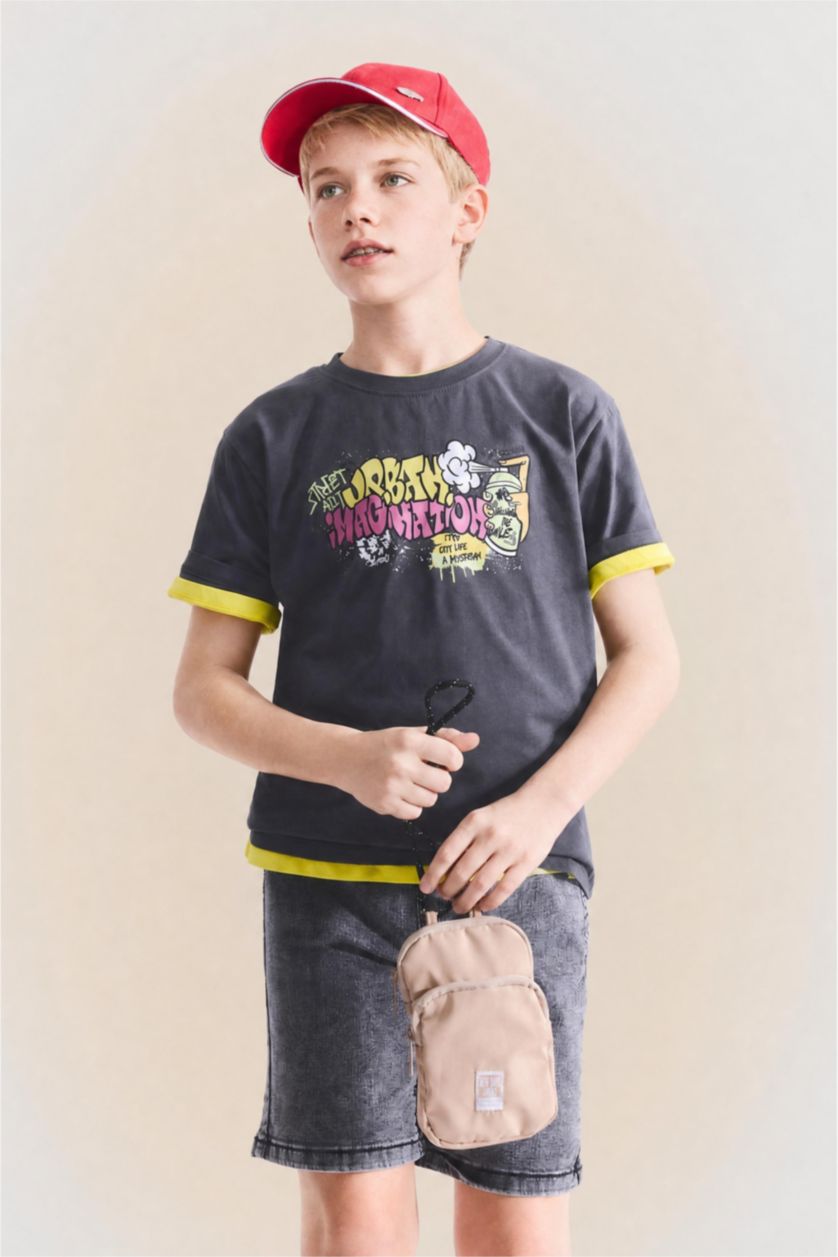 Young Boys - Teen Boys Anthracite Boy New Regular Fit Printed Short Sleeve T-Shirt