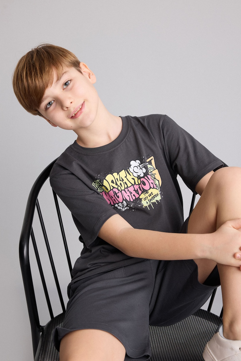 Young Boys - Teen Boys Anthracite Boy New Regular Fit Printed Short Sleeve T-Shirt