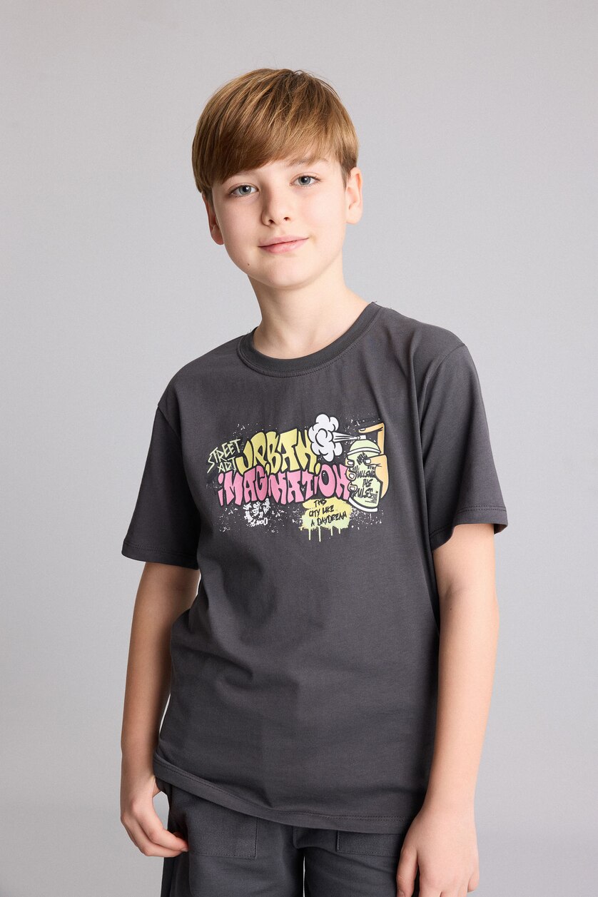 Young Boys - Teen Boys Anthracite Boy New Regular Fit Printed Short Sleeve T-Shirt